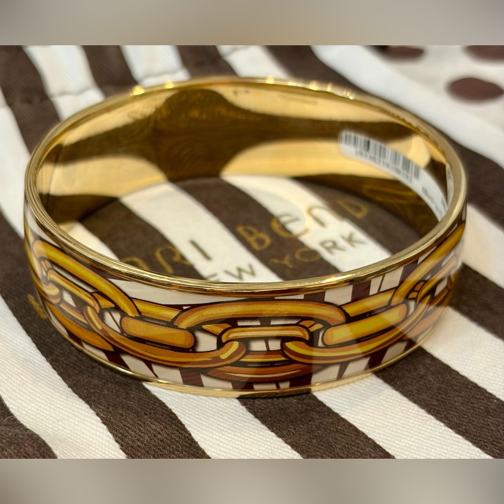 NWT RARE HENRI BENDEL Gold and Brown Enamel Chain-Print Bangle Bracelet/dust bag - Picture 6 of 9